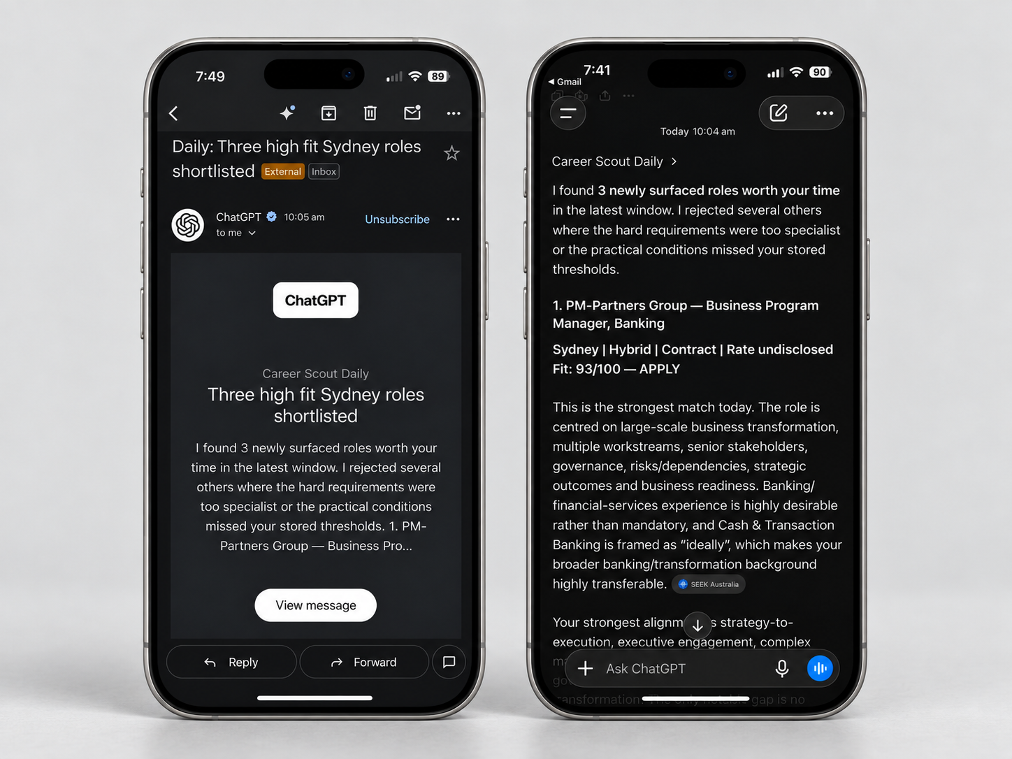 Career Scout Daily shown on two iPhones: the daily shortlist email alongside a role assessment with fit score, practical conditions and reasons for the recommendation.